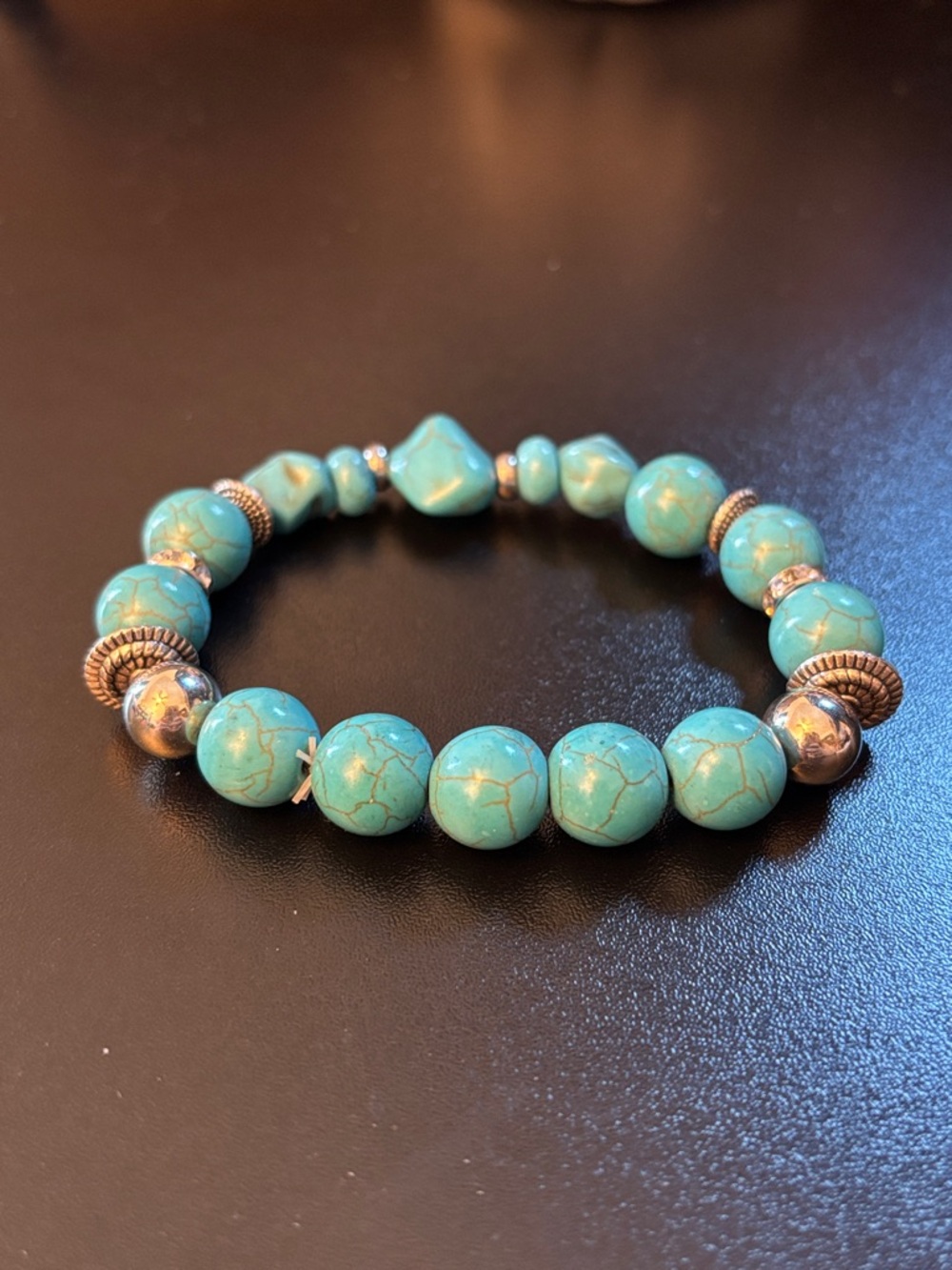 Fake Turquoise Beaded Stretch Bracelet with Silver Accents